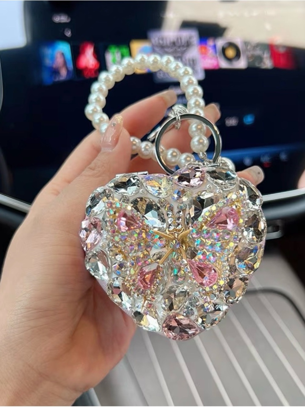 AB Crystal Heart Car Keychain Wristlet - Pearl Handle Compact Mirror